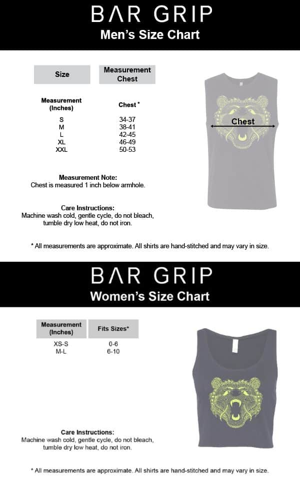 A7 Bar Grip Muscle Tee Sizing Chart - Men's & Women's