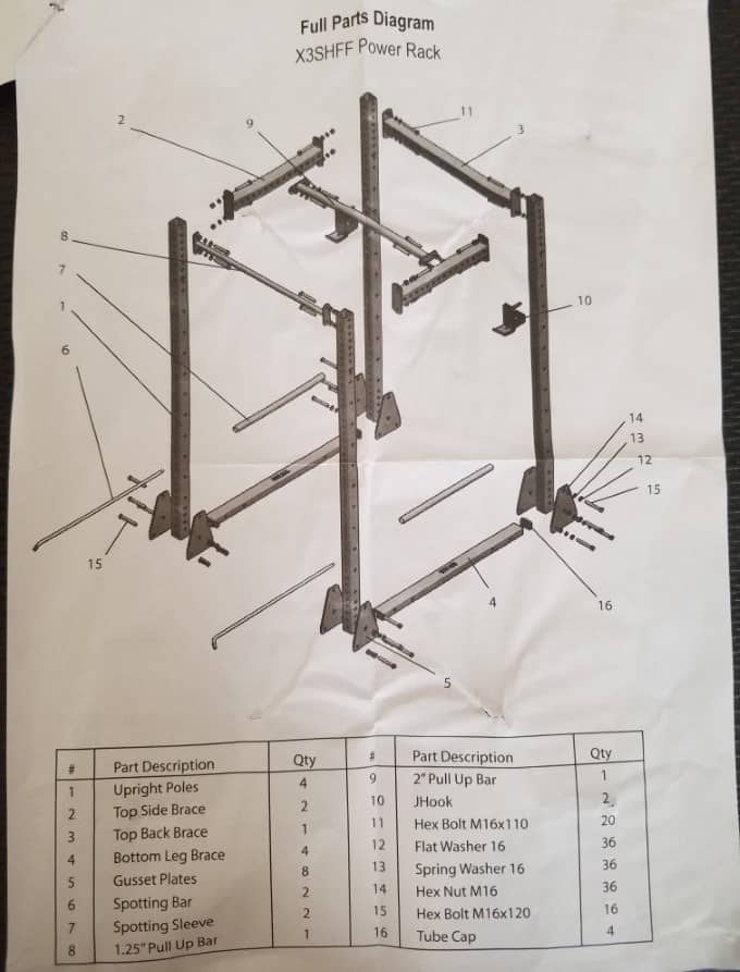 Titan X-3 Short Flat Foot Power Rack Instructions - Parts Diagram