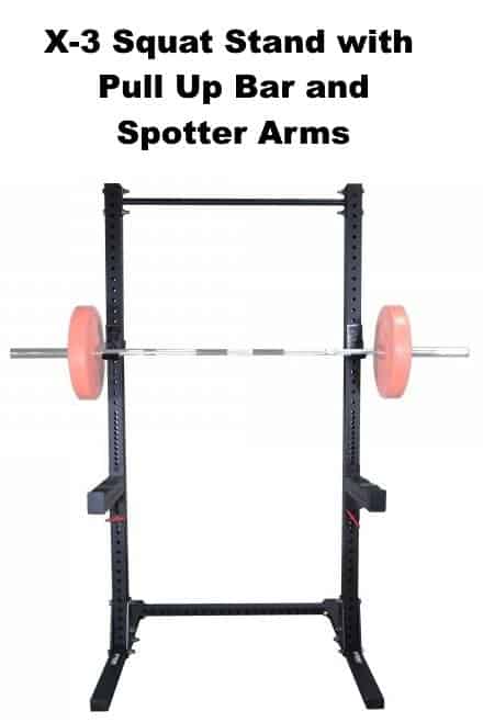 X-3 Squat Stand with Pull Up Bar and Spotter Arms - Front View with Barbell