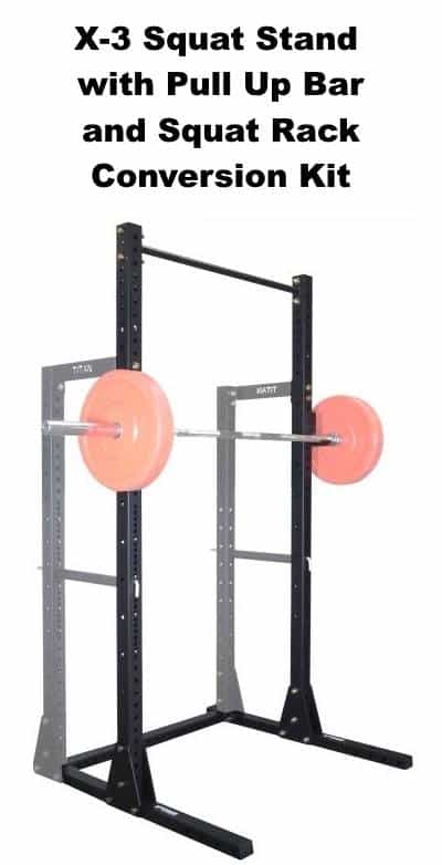 X-3 Squat Stand with Pull Up Bar - with Barbell and Squat Rack Conversion Kit