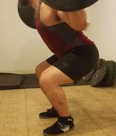 Squatting in A7 Center-stretch Shorts - Side View - Near Bottom of Squat Rep