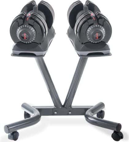 Stand for Merax Adjustable Dumbbells - Shown with Trays Installed and Dumbbells on