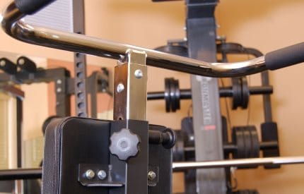 Ironmaster Dip Bar Attachment for Super Bench Pro - Rear View Showing Pop-Pin and Corner Tightening Knob