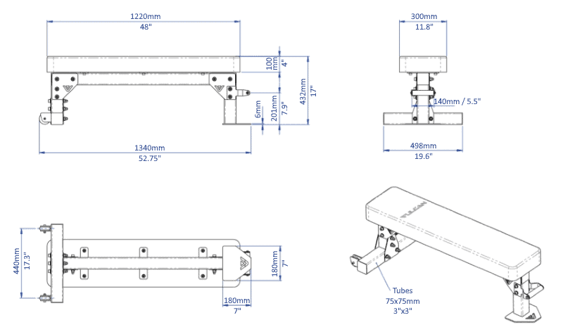 Vulcan Prime 3x3 Flat Competition Bench - Dimensions