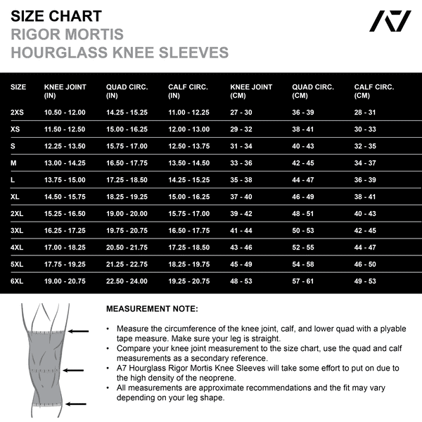 Sizing Chart for the A7 Hourglass Rigor Mortis Knee Sleeves