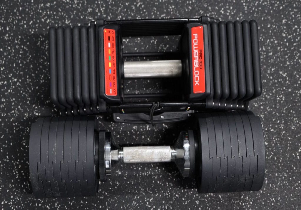 PowerBlock Commercial Pro 100 vs Snode AD80 Adjustable Dumbbells - Length Comparison