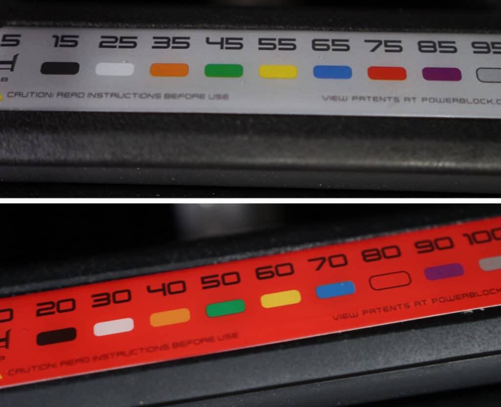 Weight Indicator Guide Decal on the PowerBlock Commercial Pro 100 Dumbbell Handles
