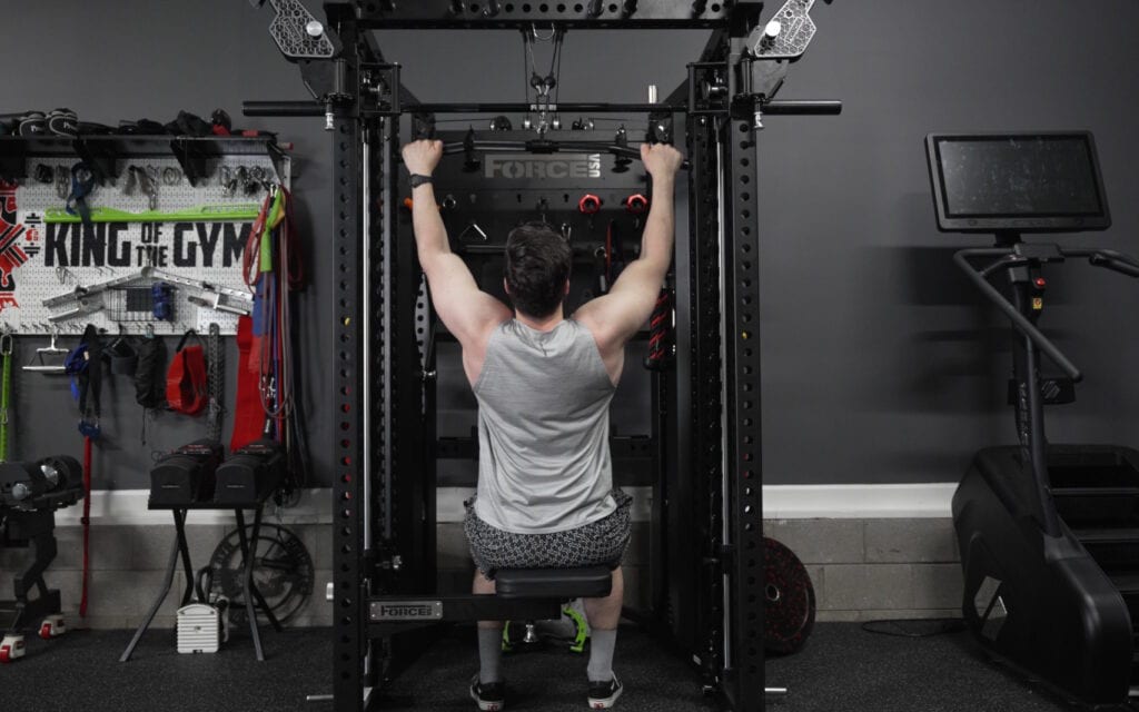 Force USA C20 Review - Lat Pulldown Leg Holder Setup - Swivel Seat on Center