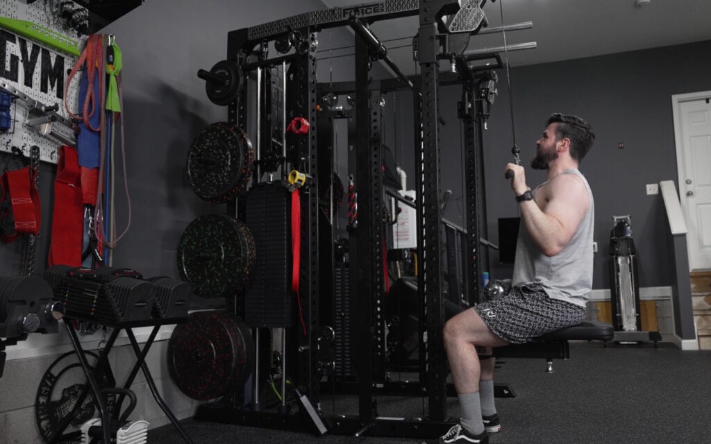 Force USA C20 Review - Lat Pulldown Leg Holder Setup - Swivel Seat on Functional Trainer