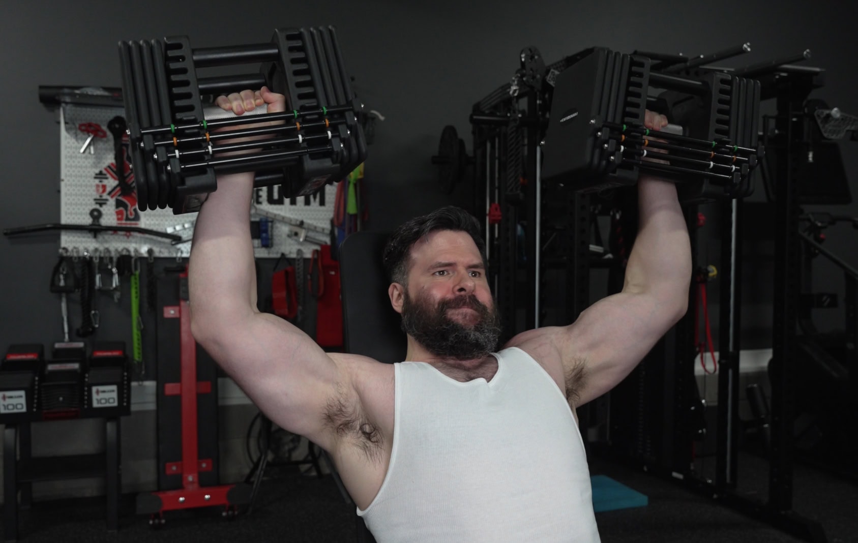 Seated Shoulder Press With the PowerBlock Commercial Pro 125 175 Adjustable Dumbbells