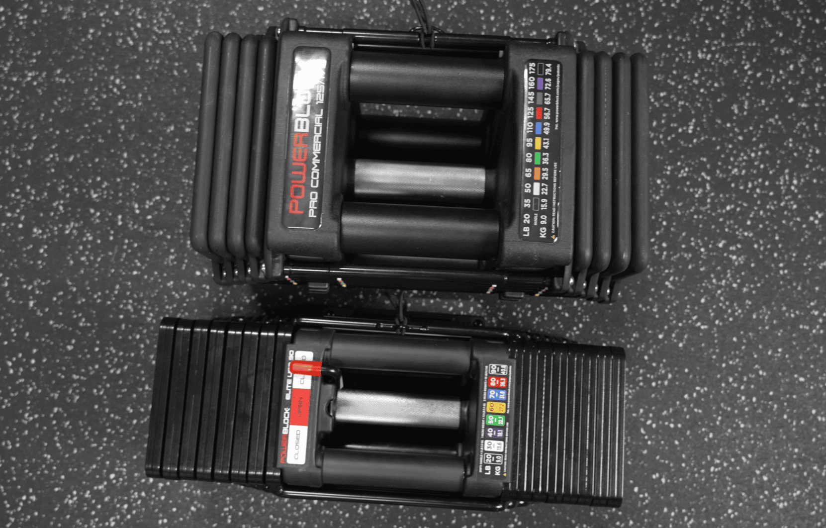 Size Comparison - PowerBlock Elite USA vs PowerBlock Commercial Pro 125 & 175 Adjustable Dumbbells - Top View