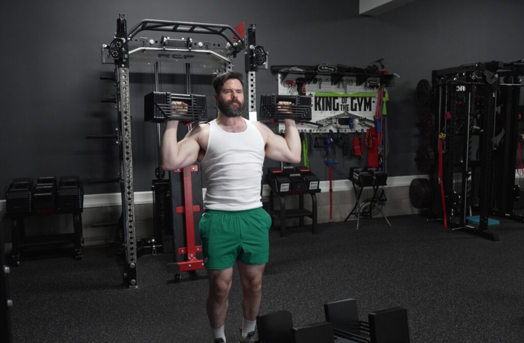 Standing Shoulder Press on PowerBlock Elite USA 90 Adjustable Dumbbells