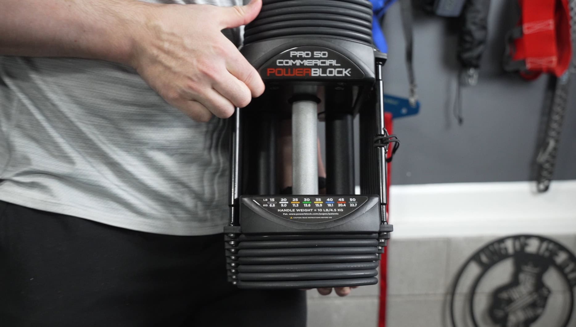 Thin 5 lb Urethane Plates on the PowerBlock Commercial Pro 50 Dumbbells