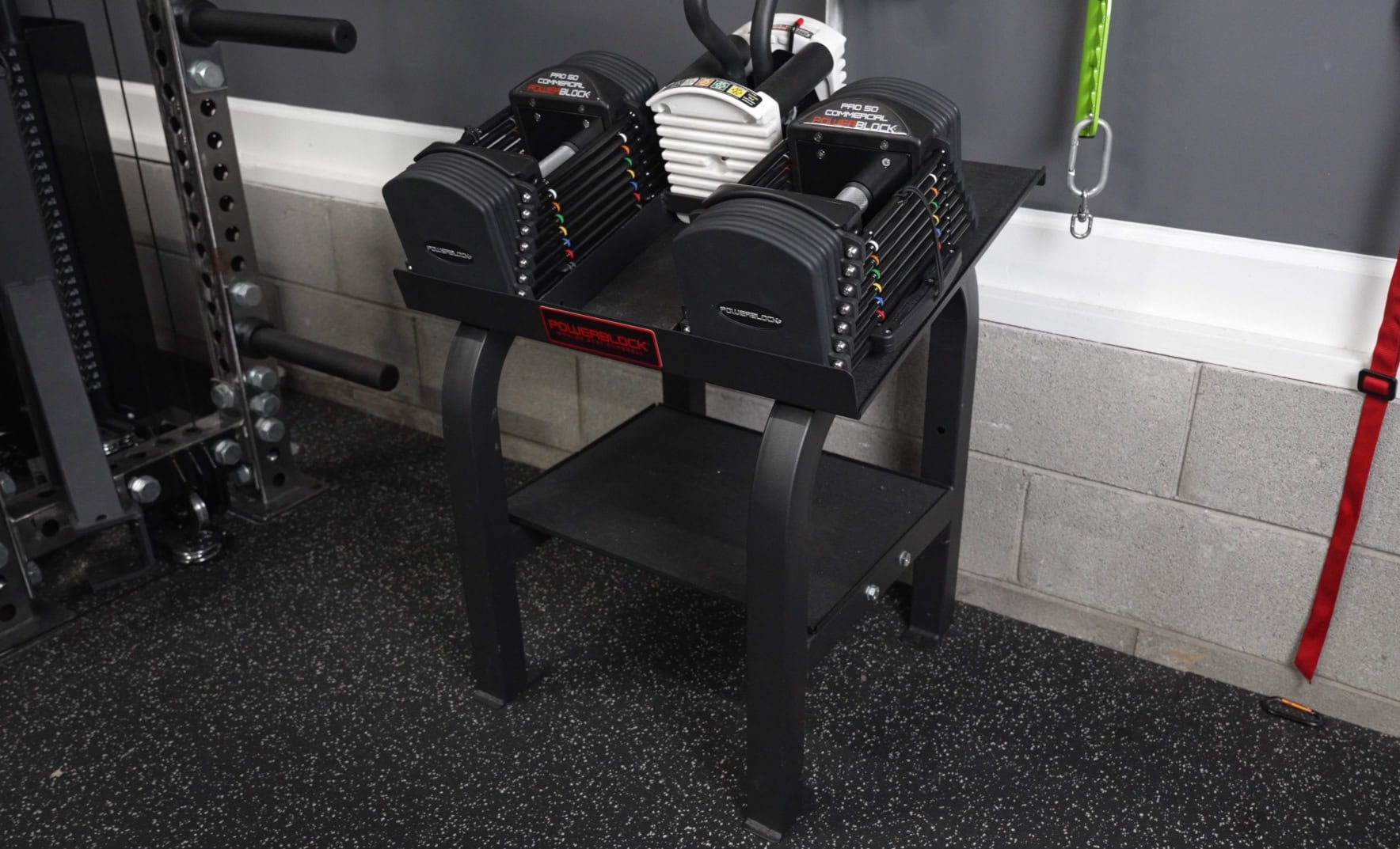 PowerBlock Commercial Pro 50 Dumbbells in Commercial Pro Stand With Kettlebell