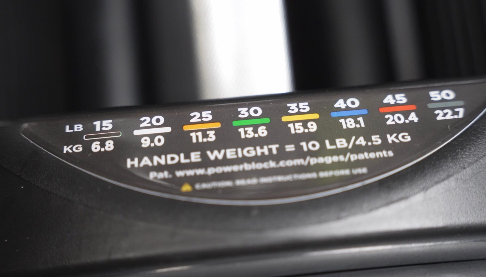 Weight Indicator Guide Decal on the PowerBlock Commercial Pro 50 Dumbbell Handles
